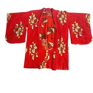 Vintage Padded Kimono-Style Jacket Red Geometric Print Open Front S M